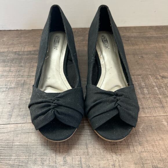 SEYCHELLES PEEP TOE BLACK CANVAS AND CORK WEDGES SIZE 8.5 - Picture 3 of 7